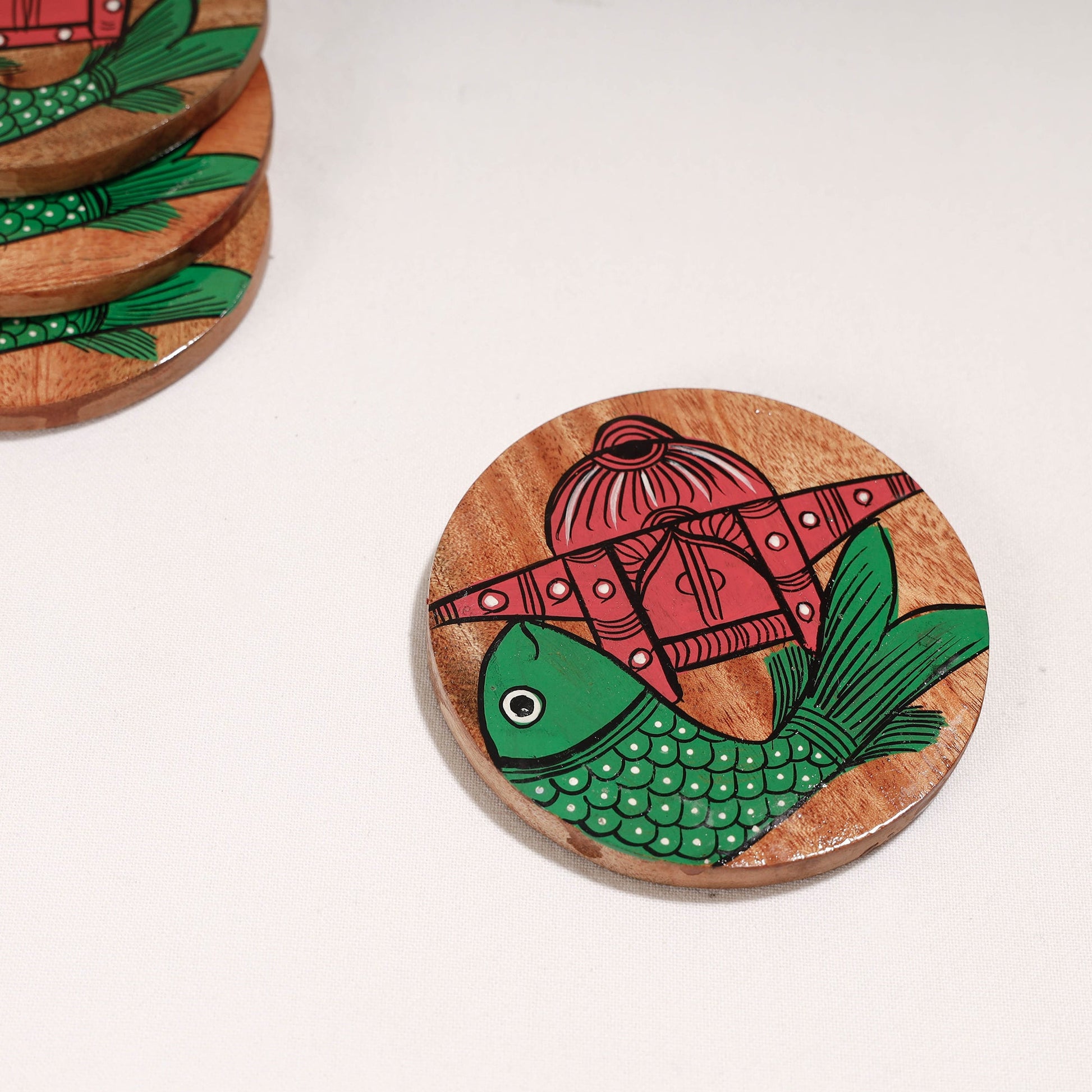 Bengal Patua Handpainted Akashmoni Wooden Coasters (Set of 4)