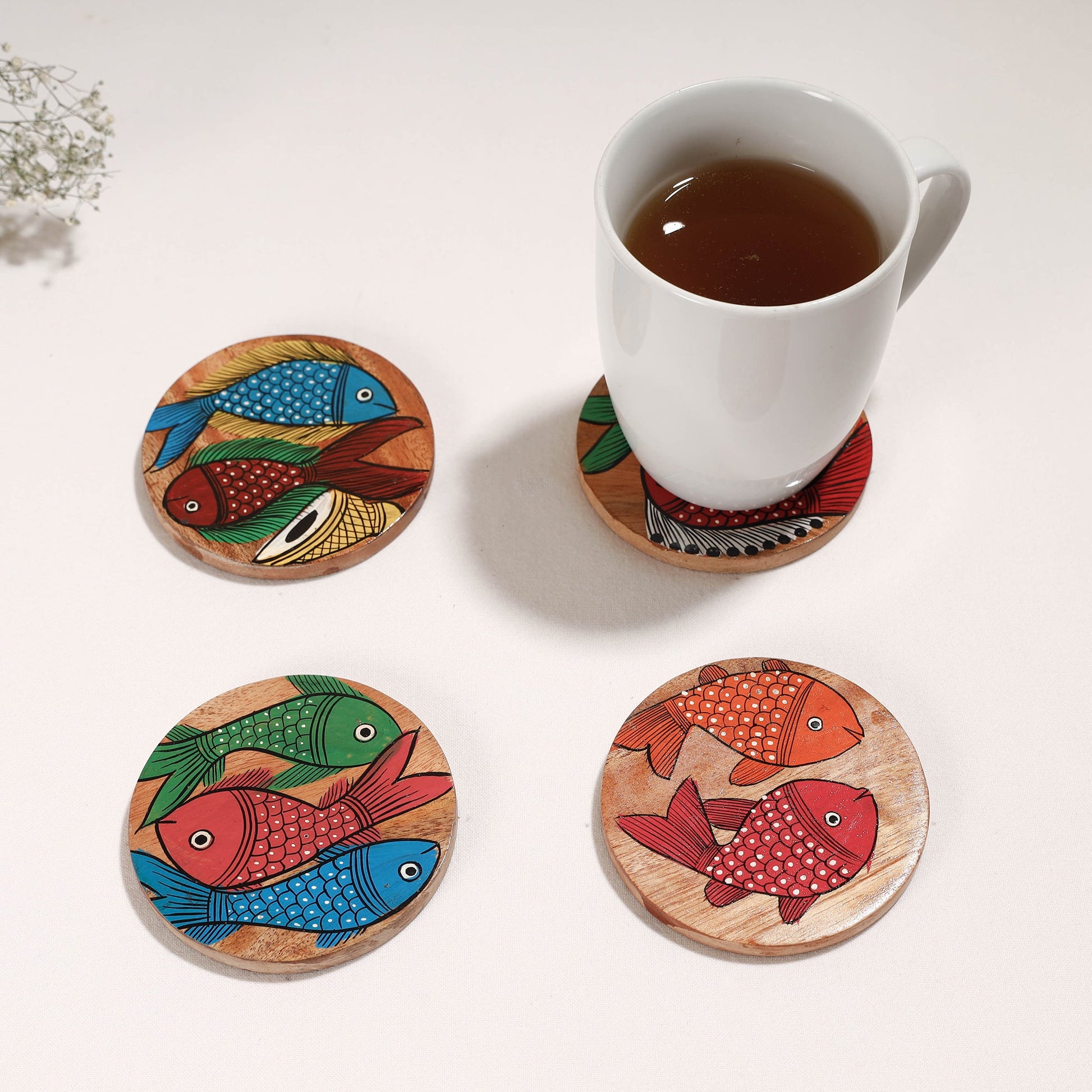 Bengal Patua Handpainted Akashmoni Wooden Coasters (Set of 4)