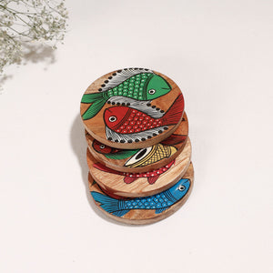 Bengal Patua Handpainted Akashmoni Wooden Coasters (Set of 4)