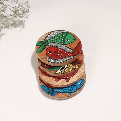 Bengal Patua Handpainted Akashmoni Wooden Coasters (Set of 4)