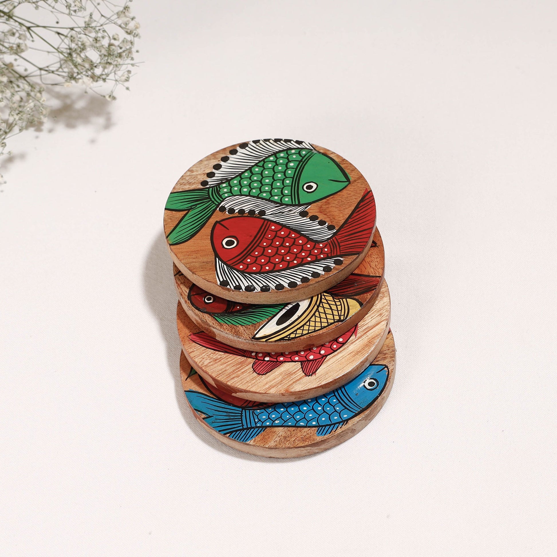 Bengal Patua Handpainted Akashmoni Wooden Coasters (Set of 4)