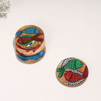 Bengal Patua Handpainted Akashmoni Wooden Coasters (Set of 4)