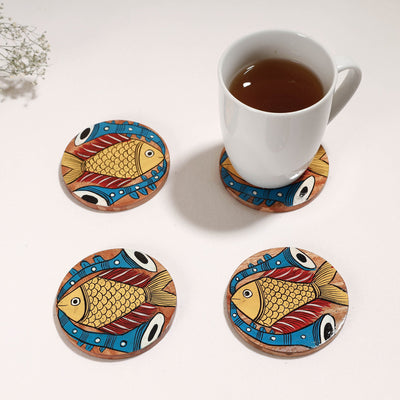 Bengal Patua Handpainted Akashmoni Wooden Coasters (Set of 4)
