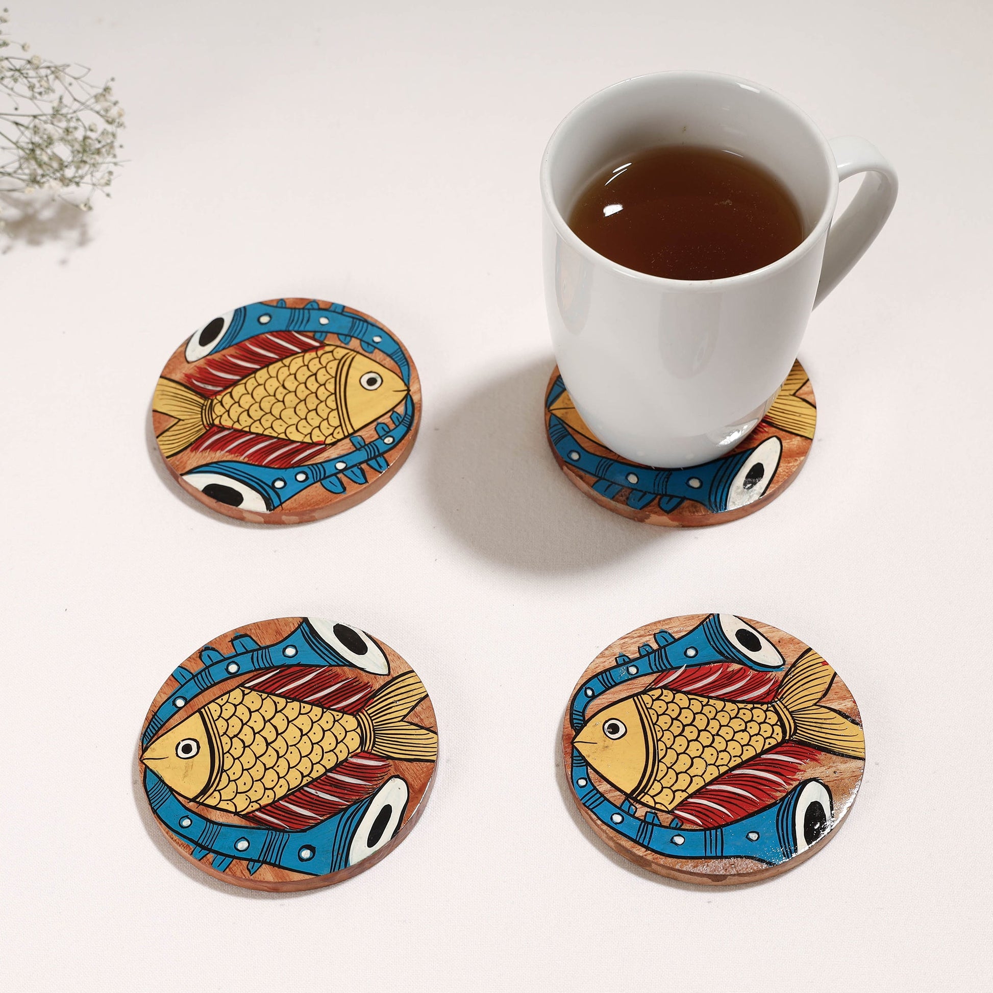 Bengal Patua Handpainted Akashmoni Wooden Coasters (Set of 4)