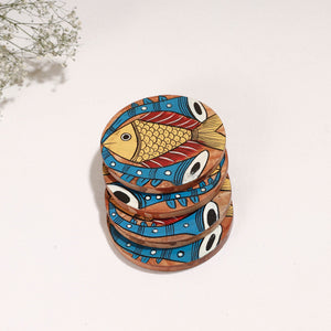 Bengal Patua Handpainted Akashmoni Wooden Coasters (Set of 4)