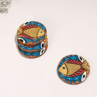 Bengal Patua Handpainted Akashmoni Wooden Coasters (Set of 4)