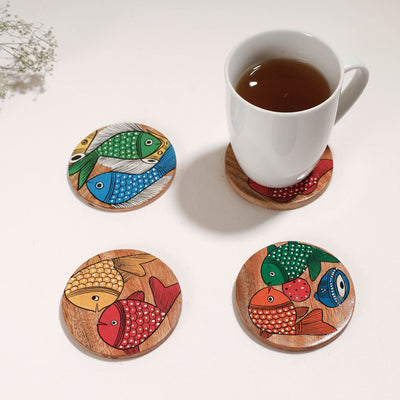 Bengal Patua Handpainted Akashmoni Wooden Coasters (Set of 4)