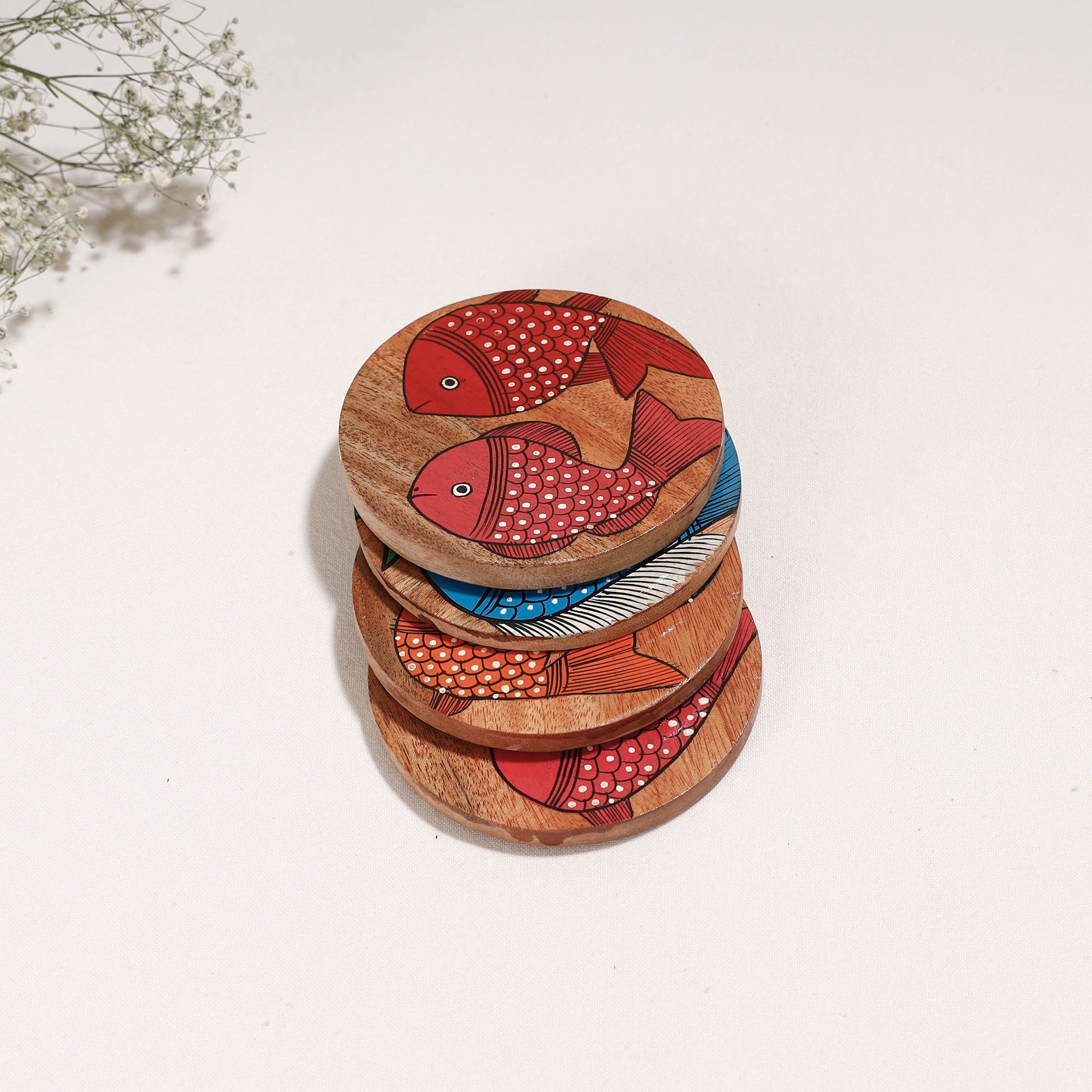 Bengal Patua Handpainted Akashmoni Wooden Coasters (Set of 4)