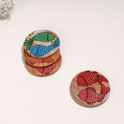 Bengal Patua Handpainted Akashmoni Wooden Coasters (Set of 4)