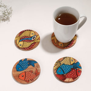 Bengal Patua Handpainted Akashmoni Wooden Coasters (Set of 4)