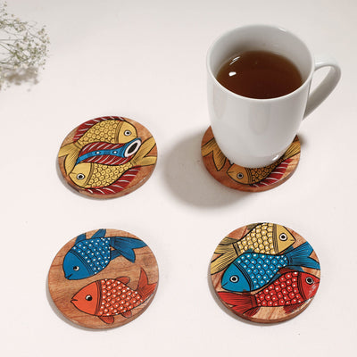 Bengal Patua Handpainted Akashmoni Wooden Coasters (Set of 4)