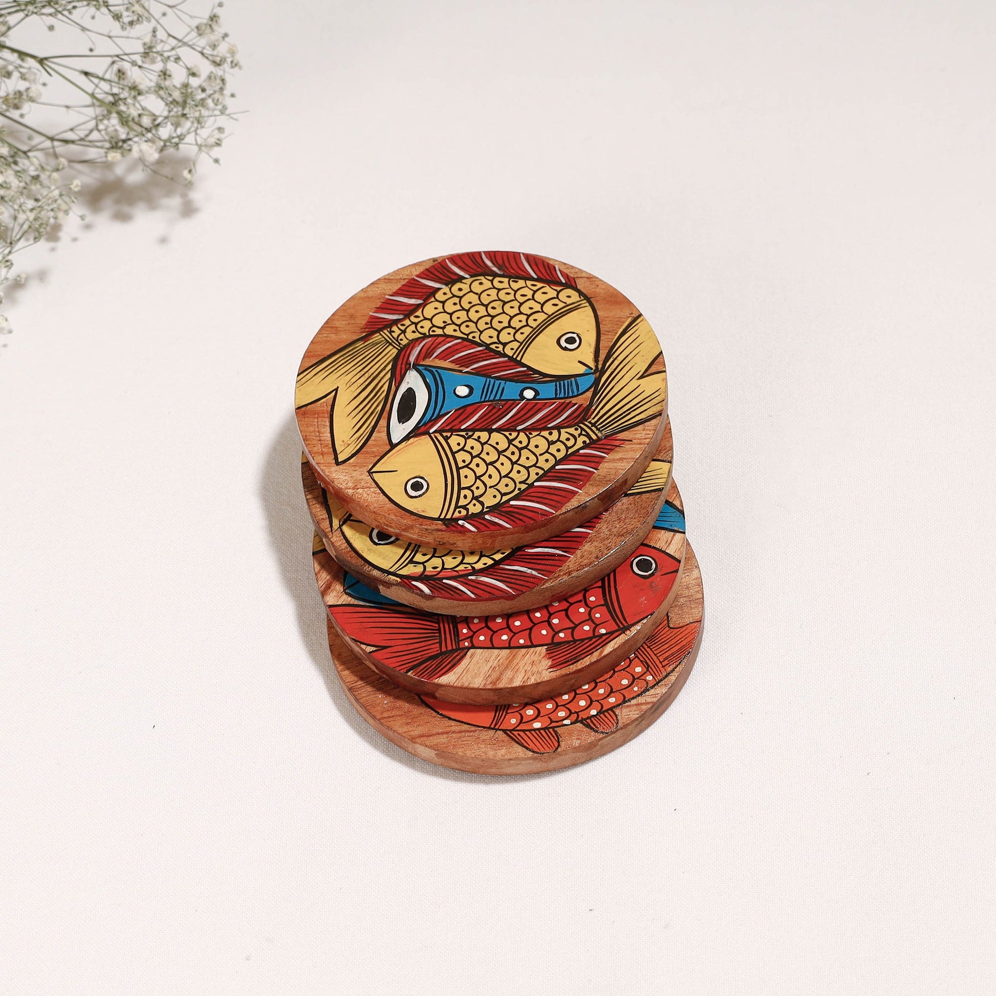 Bengal Patua Handpainted Akashmoni Wooden Coasters (Set of 4)