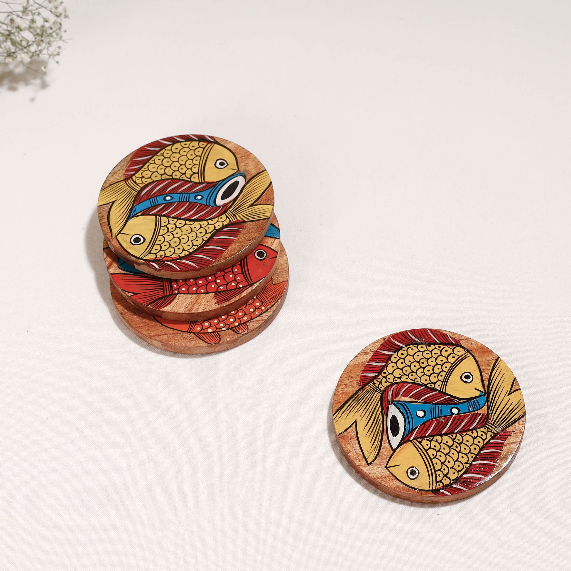 Bengal Patua Handpainted Akashmoni Wooden Coasters (Set of 4)