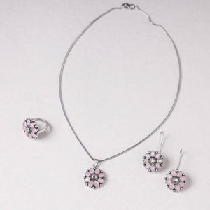 Antique Silver Finish Oxidised Brass Base Stone Work Necklace Set with Ring