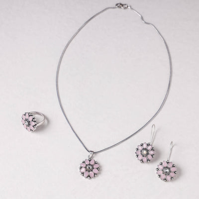 Antique Silver Finish Oxidised Brass Base Stone Work Necklace Set with Ring