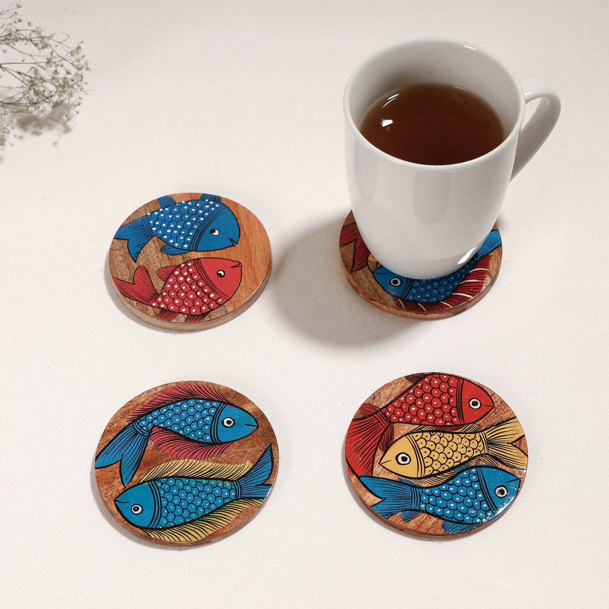Bengal Patua Handpainted Akashmoni Wooden Coasters (Set of 4)