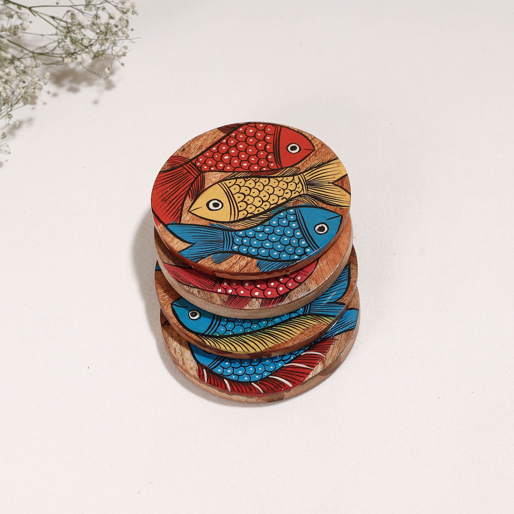 Bengal Patua Handpainted Akashmoni Wooden Coasters (Set of 4)