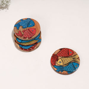 Bengal Patua Handpainted Akashmoni Wooden Coasters (Set of 4)