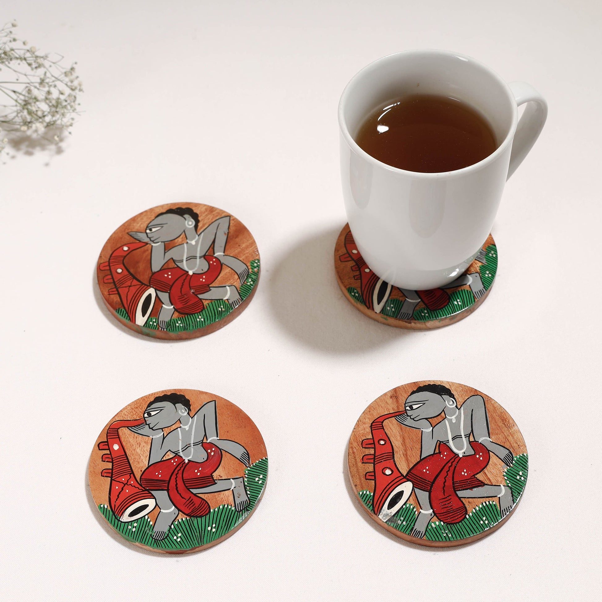 Bengal Patua Handpainted Akashmoni Wooden Coasters (Set of 4)