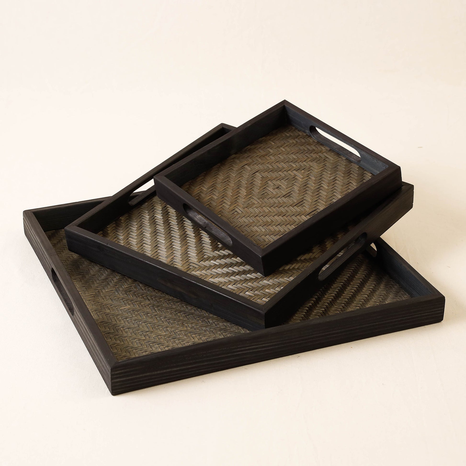 Black - Kadam Haat Handmade Bamboo Square Tray ( Set of 3)