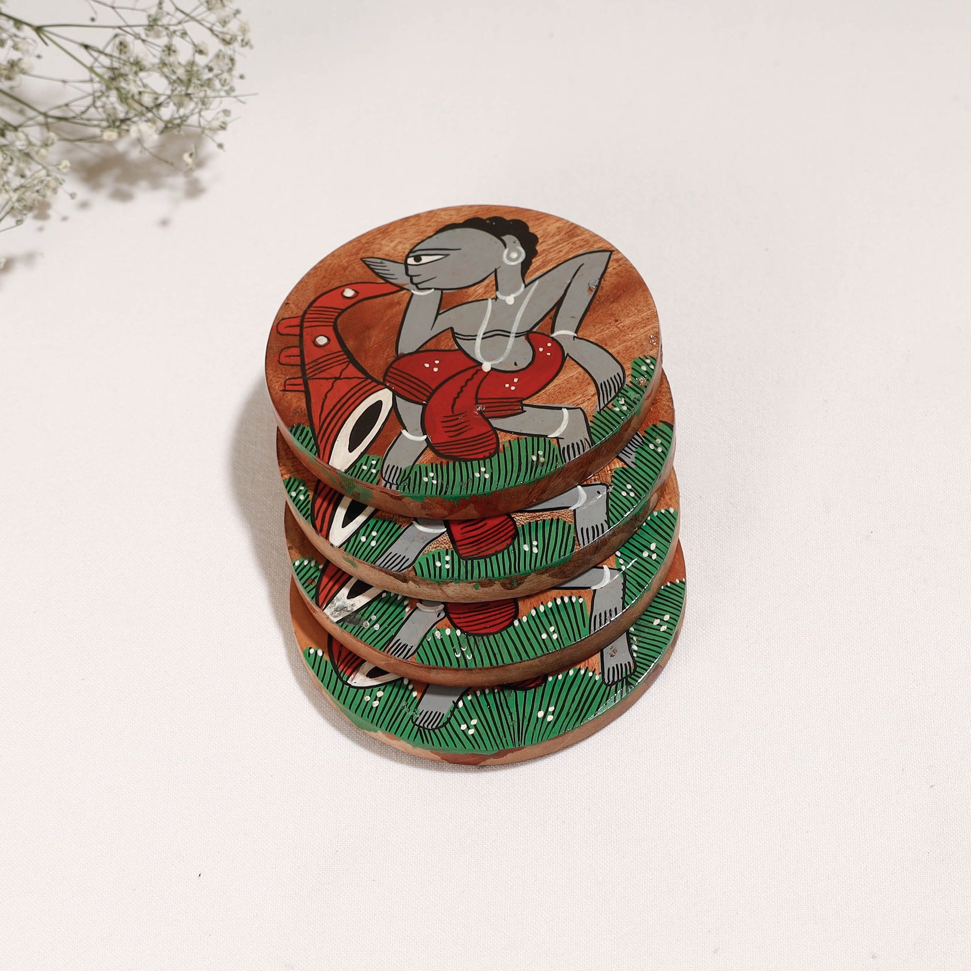 Bengal Patua Handpainted Akashmoni Wooden Coasters (Set of 4)