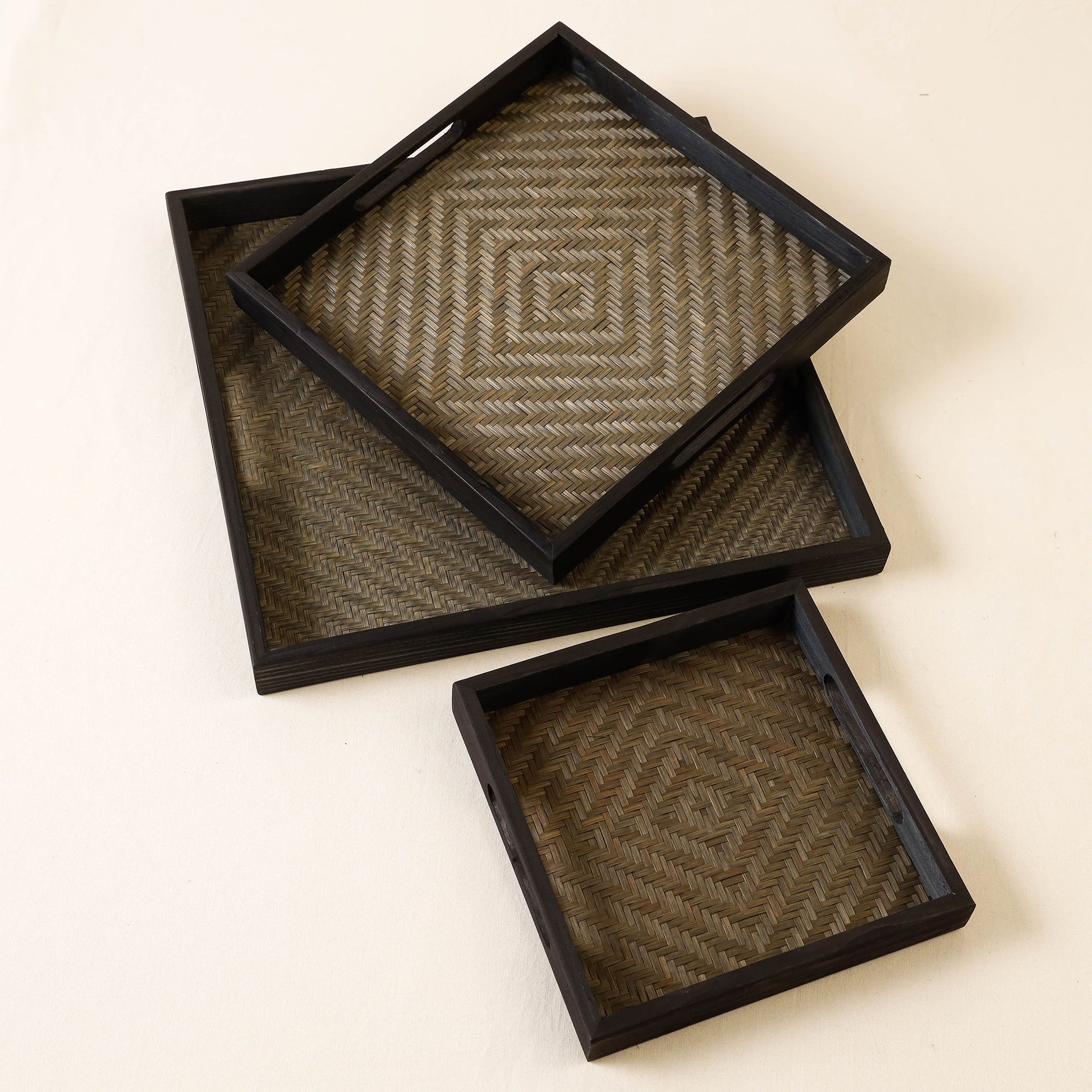 Black - Kadam Haat Handmade Bamboo Square Tray ( Set of 3)