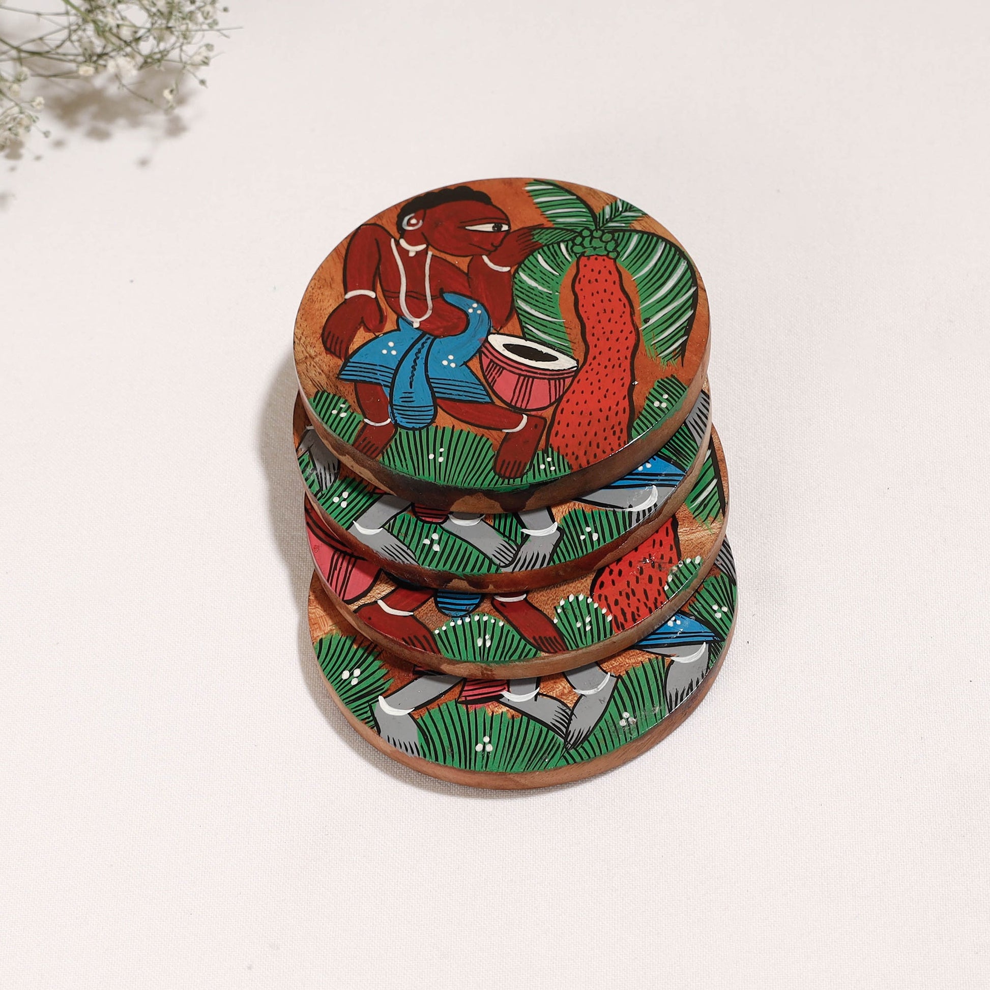 Bengal Patua Handpainted Akashmoni Wooden Coasters (Set of 4)