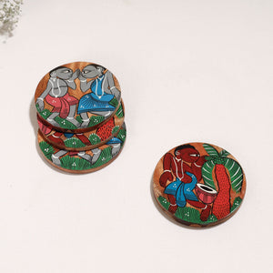 Bengal Patua Handpainted Akashmoni Wooden Coasters (Set of 4)
