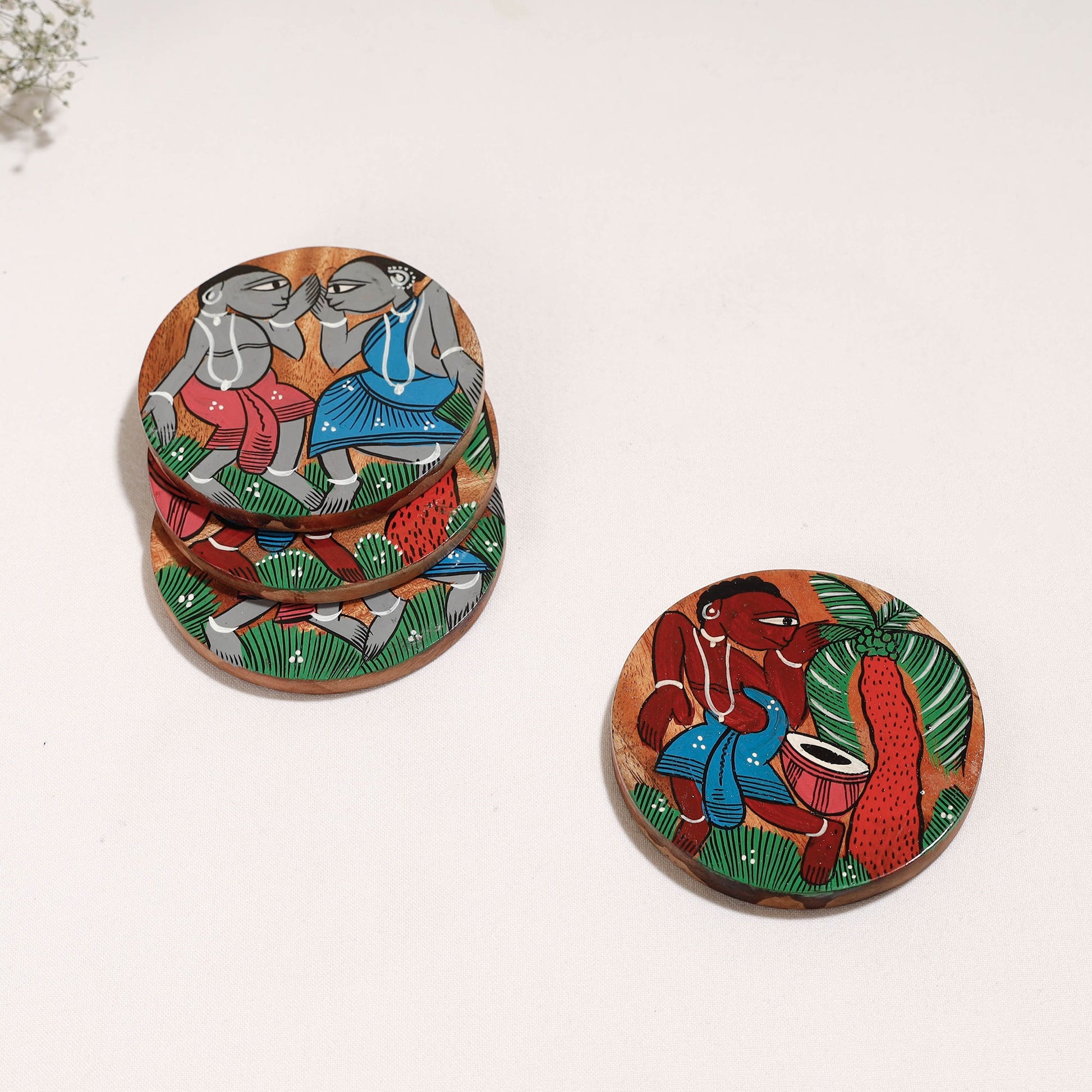 Bengal Patua Handpainted Akashmoni Wooden Coasters (Set of 4)