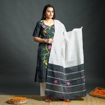 Black - Dark Grey & White Phulia Jamdani Handloom Silk Cotton Kurta with Palazzo & Dupatta Set