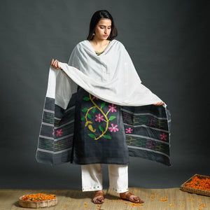 Black - Dark Grey & White Phulia Jamdani Handloom Silk Cotton Kurta with Palazzo & Dupatta Set