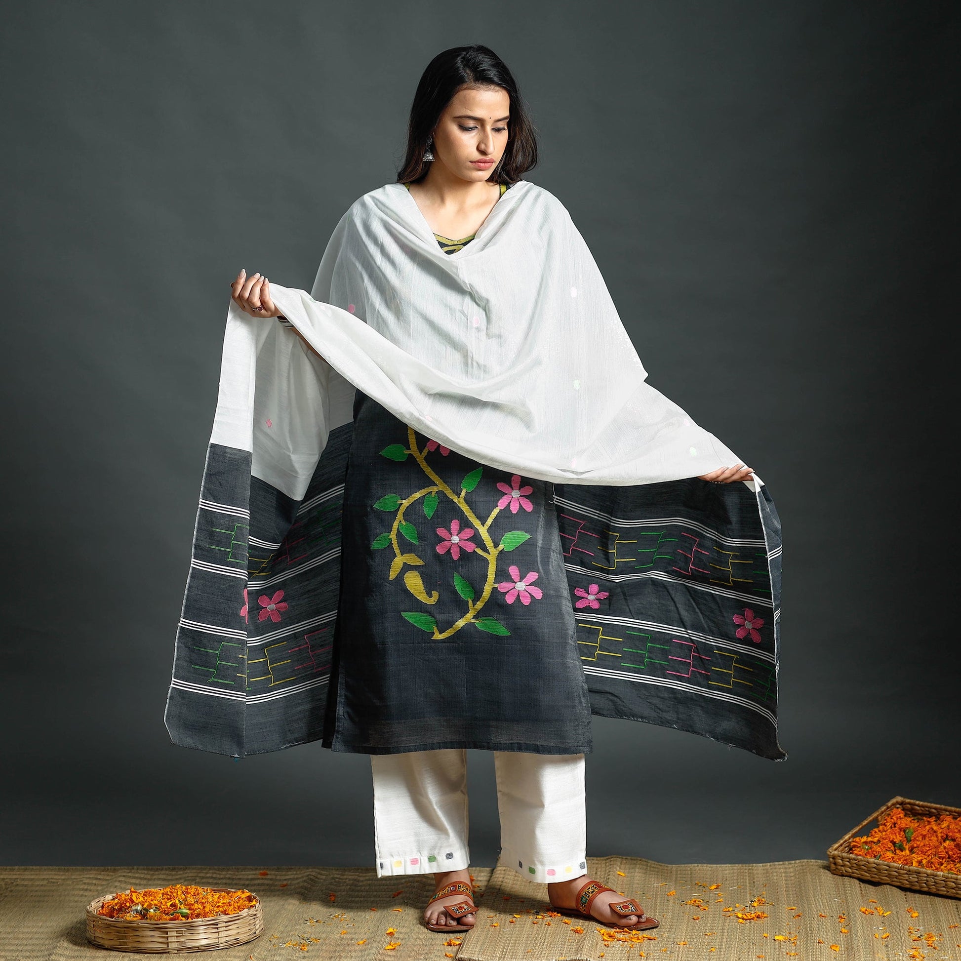 Black - Dark Grey & White Phulia Jamdani Handloom Silk Cotton Kurta with Palazzo & Dupatta Set