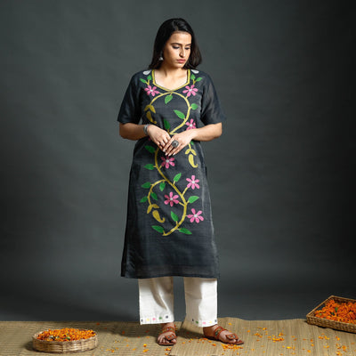 Black - Dark Grey & White Phulia Jamdani Handloom Silk Cotton Kurta with Palazzo & Dupatta Set