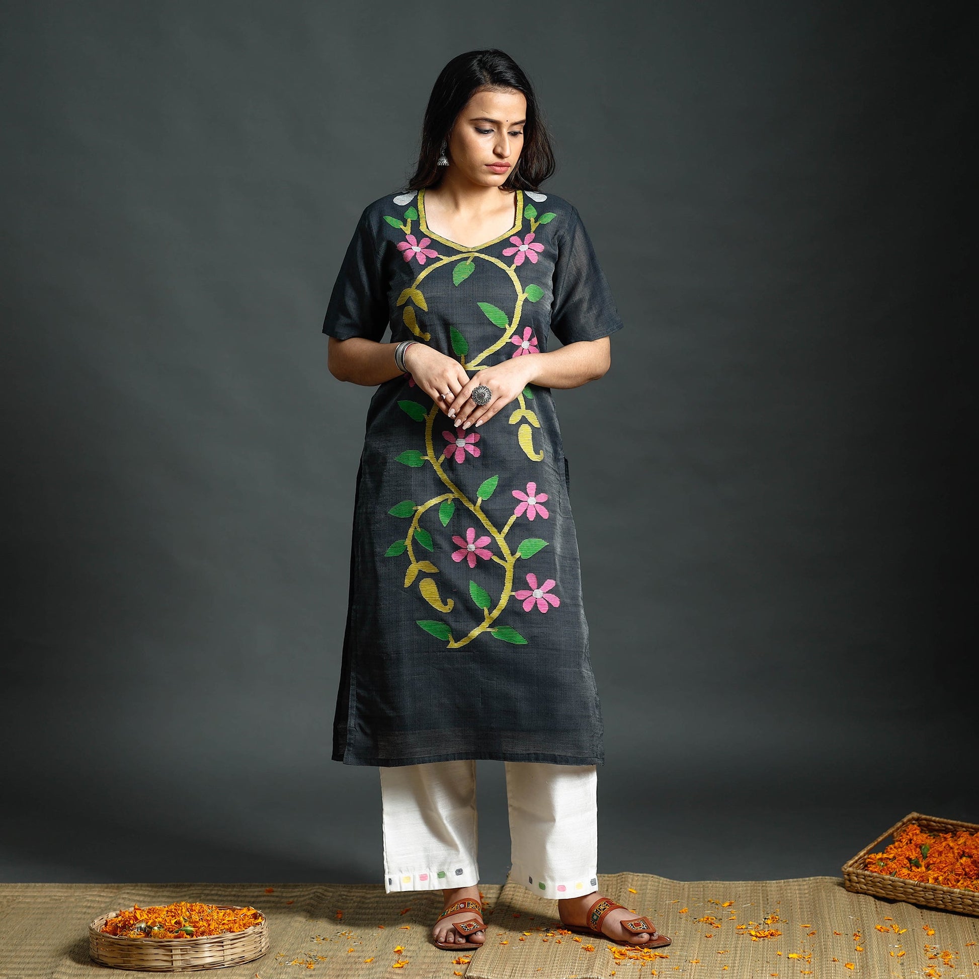 Black - Dark Grey & White Phulia Jamdani Handloom Silk Cotton Kurta with Palazzo & Dupatta Set