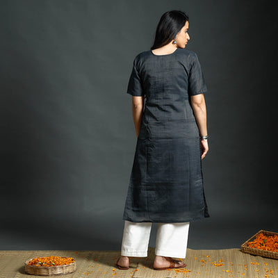 Black - Dark Grey & White Phulia Jamdani Handloom Silk Cotton Kurta with Palazzo & Dupatta Set
