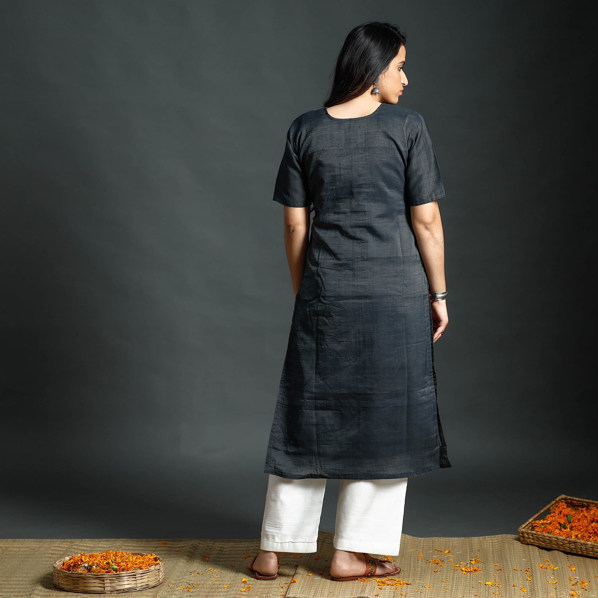 Black - Dark Grey & White Phulia Jamdani Handloom Silk Cotton Kurta with Palazzo & Dupatta Set