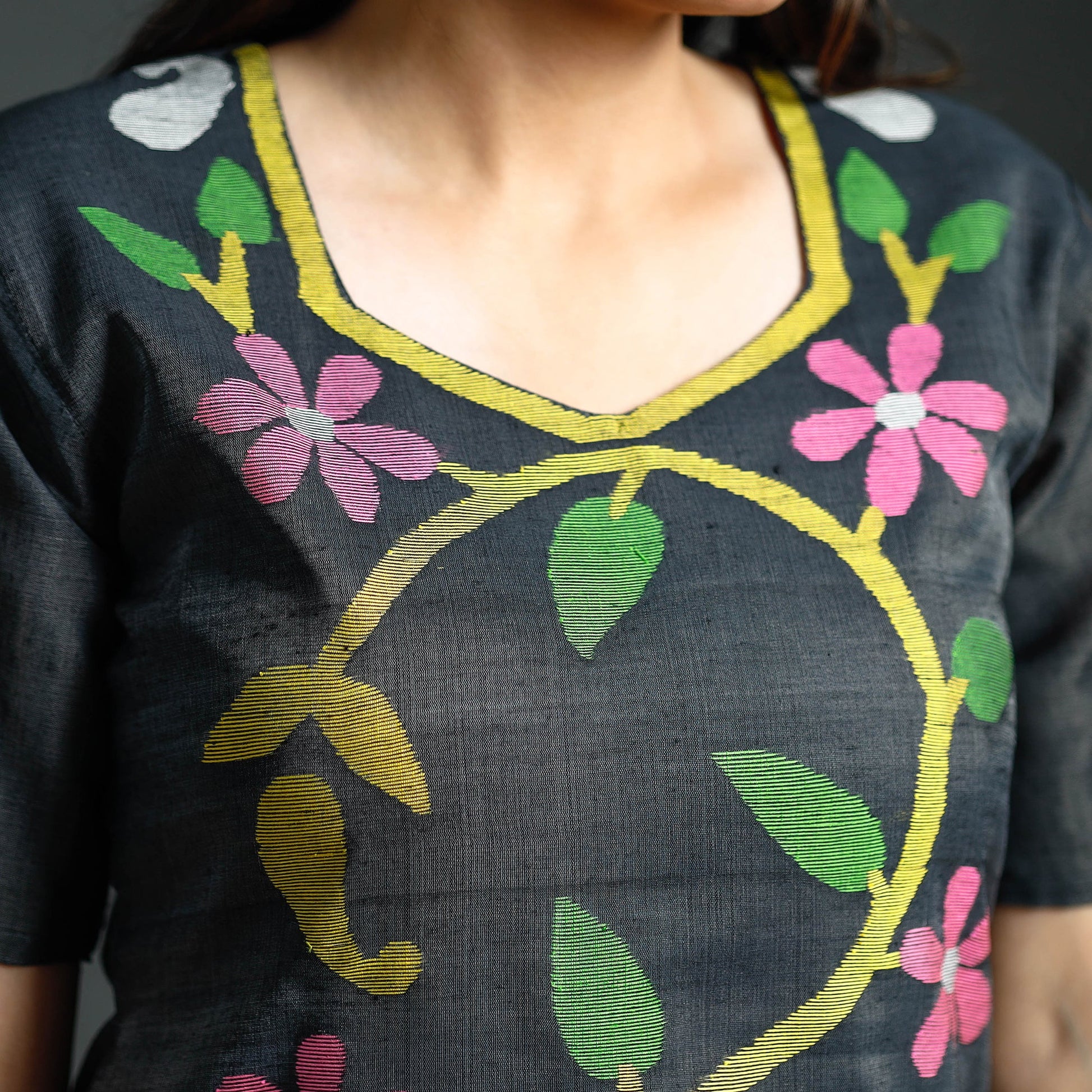 Black - Dark Grey & White Phulia Jamdani Handloom Silk Cotton Kurta with Palazzo & Dupatta Set