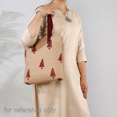 Beige - Handcrafted Sanganeri Printed Leather Hand Bag