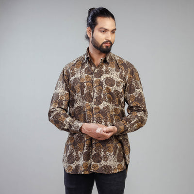 Brown - Akola Block Printing Cotton Men Full Sleeve Shirt