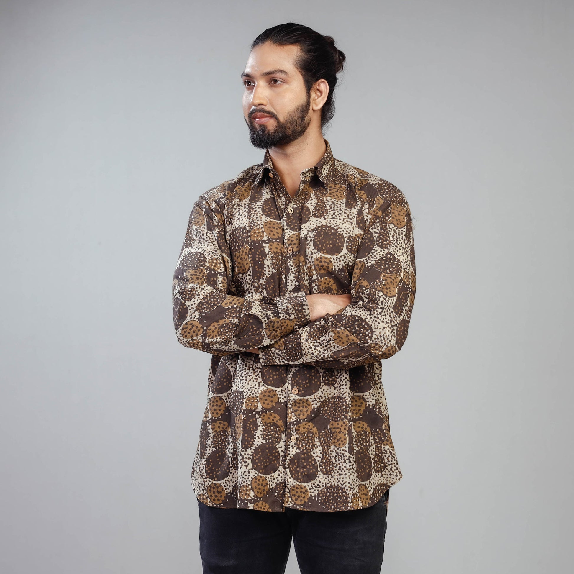 Brown - Akola Block Printing Cotton Men Full Sleeve Shirt