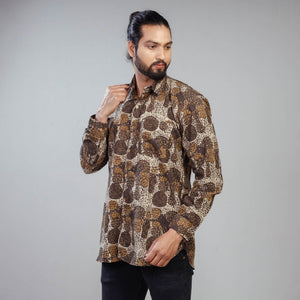 Brown - Akola Block Printing Cotton Men Full Sleeve Shirt
