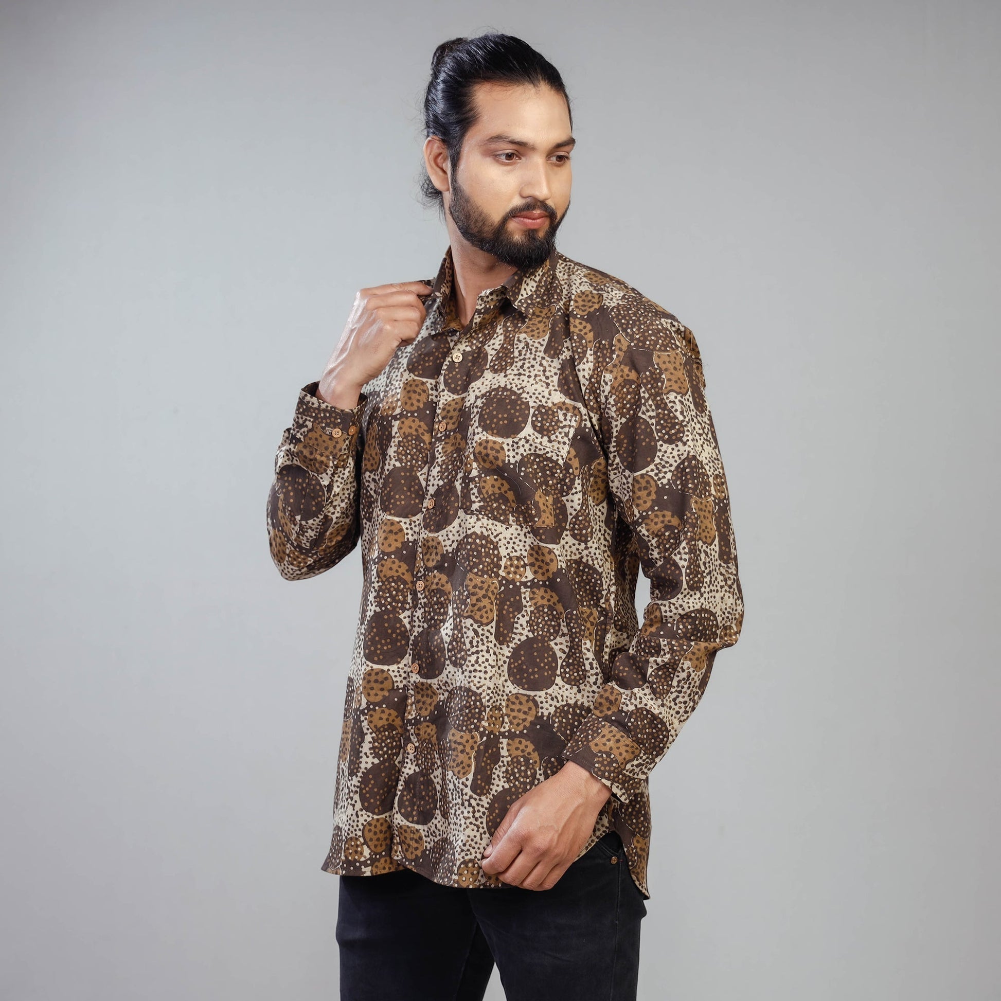 Brown - Akola Block Printing Cotton Men Full Sleeve Shirt