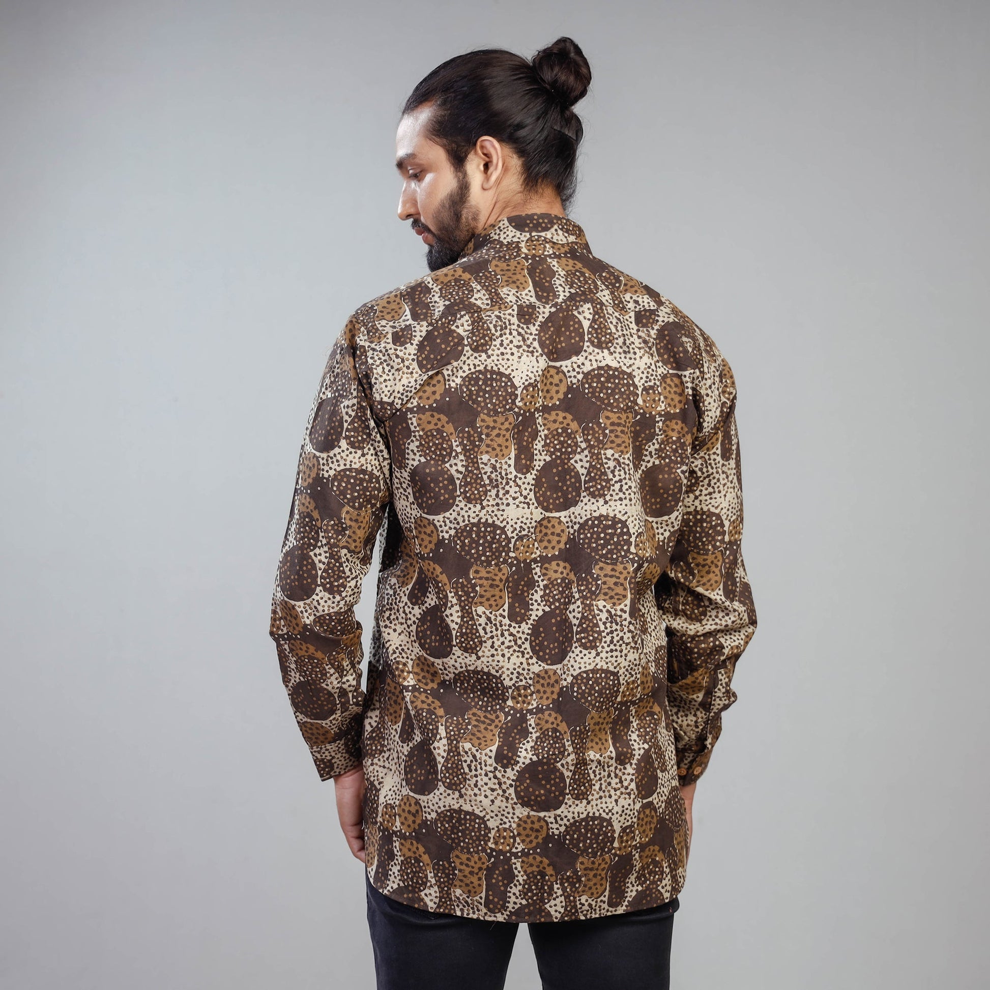 Brown - Akola Block Printing Cotton Men Full Sleeve Shirt