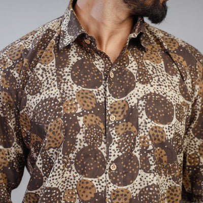 Brown - Akola Block Printing Cotton Men Full Sleeve Shirt