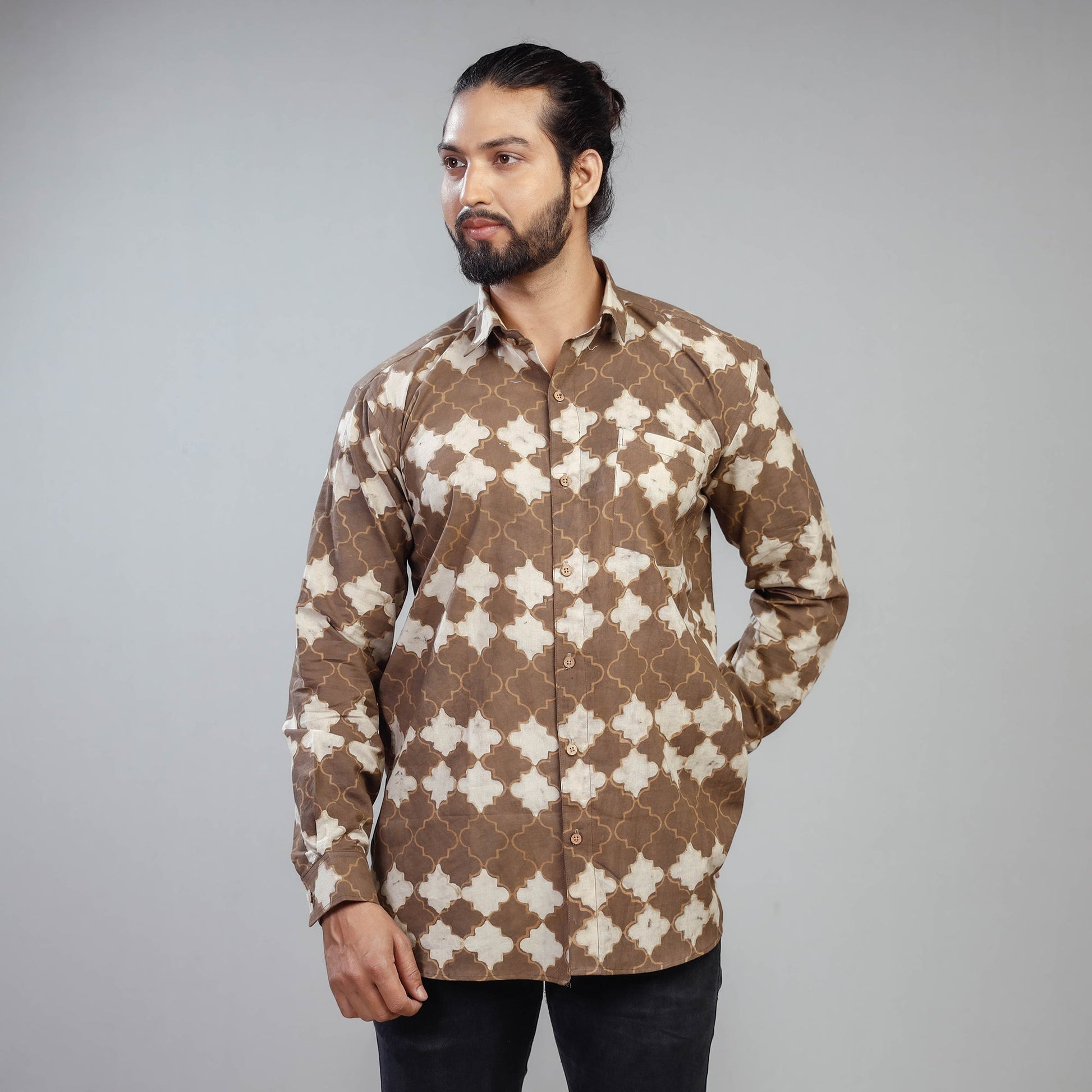 Brown - Akola Block Printing Cotton Men Full Sleeve Shirt