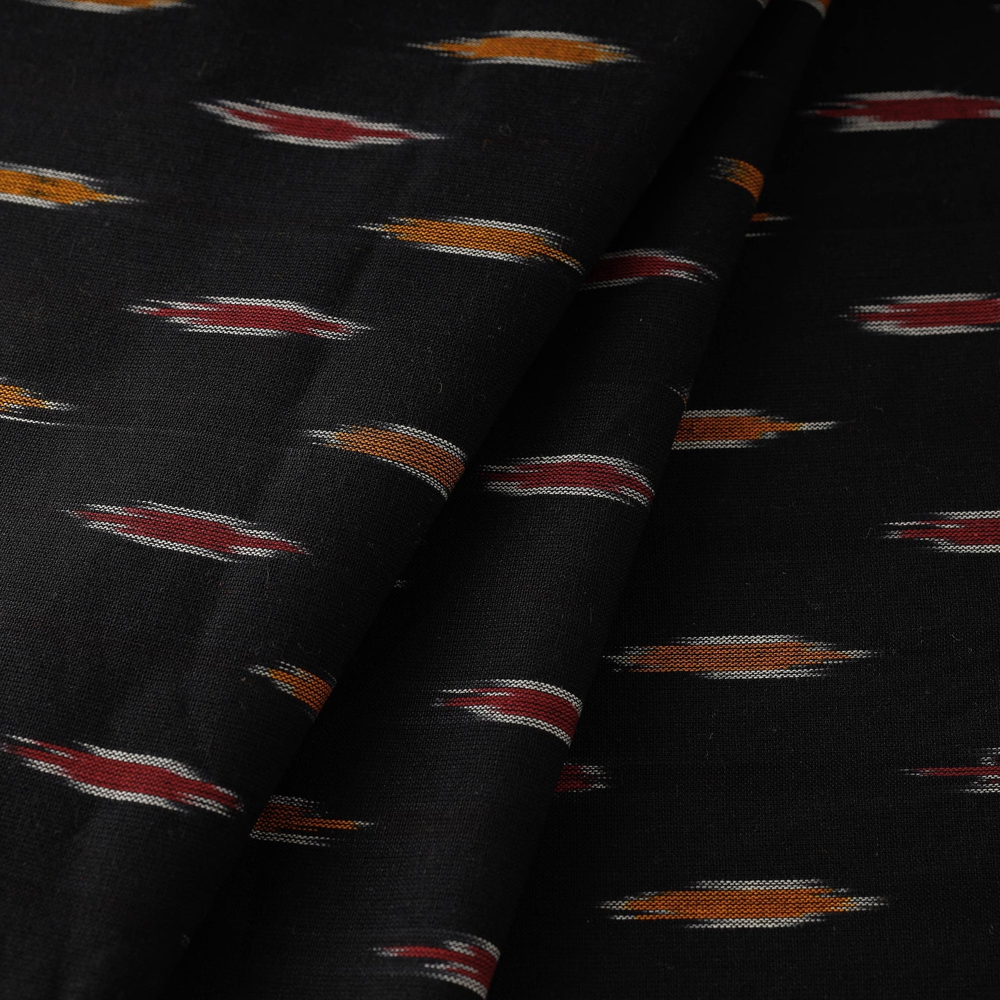 Black With Orange & Red Butta Pochampally Ikat Weave Cotton Fabric 04