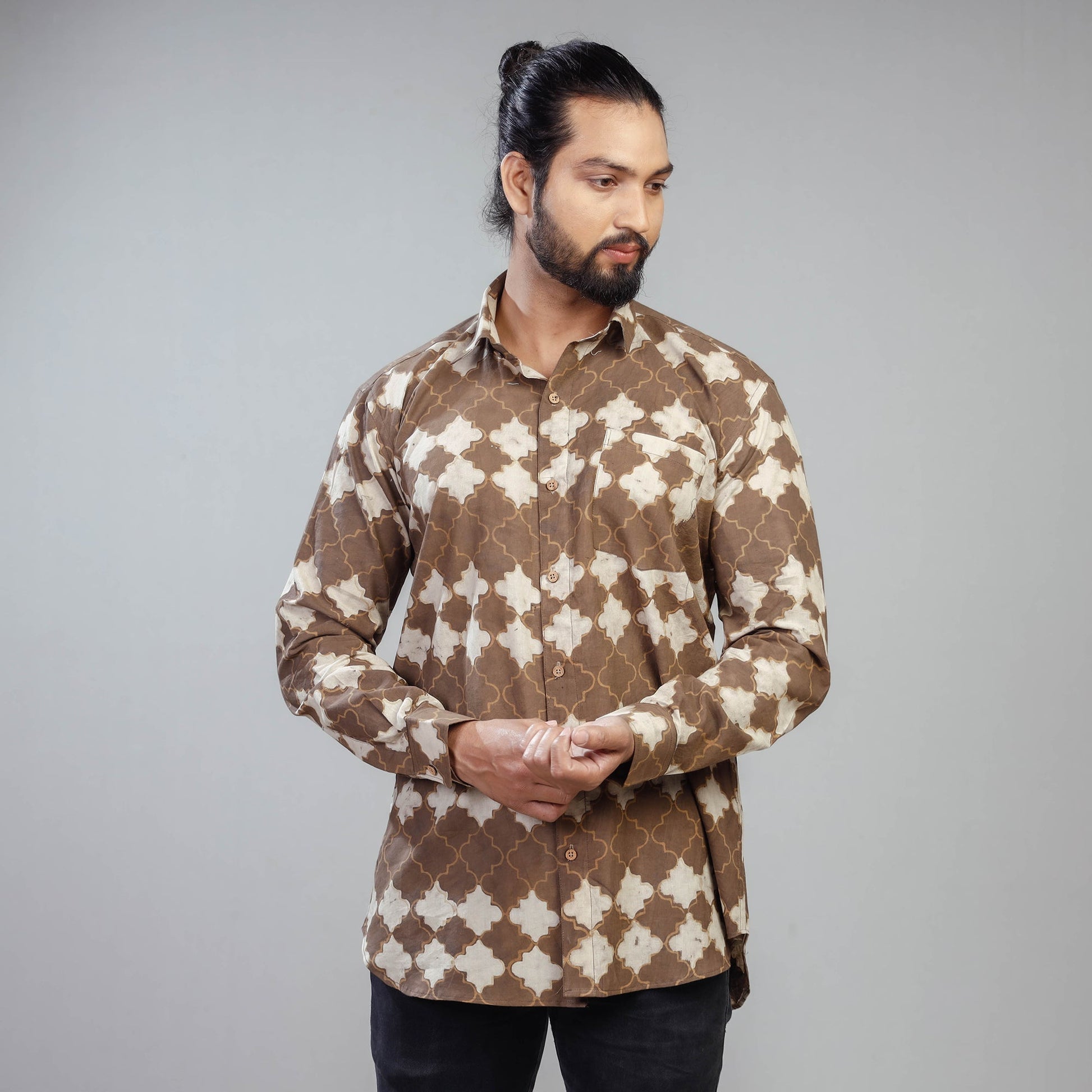 Brown - Akola Block Printing Cotton Men Full Sleeve Shirt