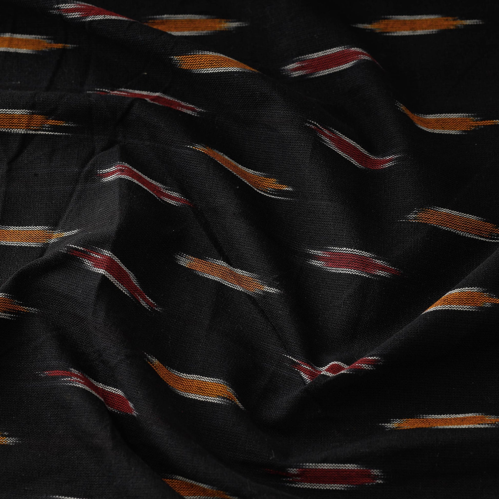 Black With Orange & Red Butta Pochampally Ikat Weave Cotton Fabric 04