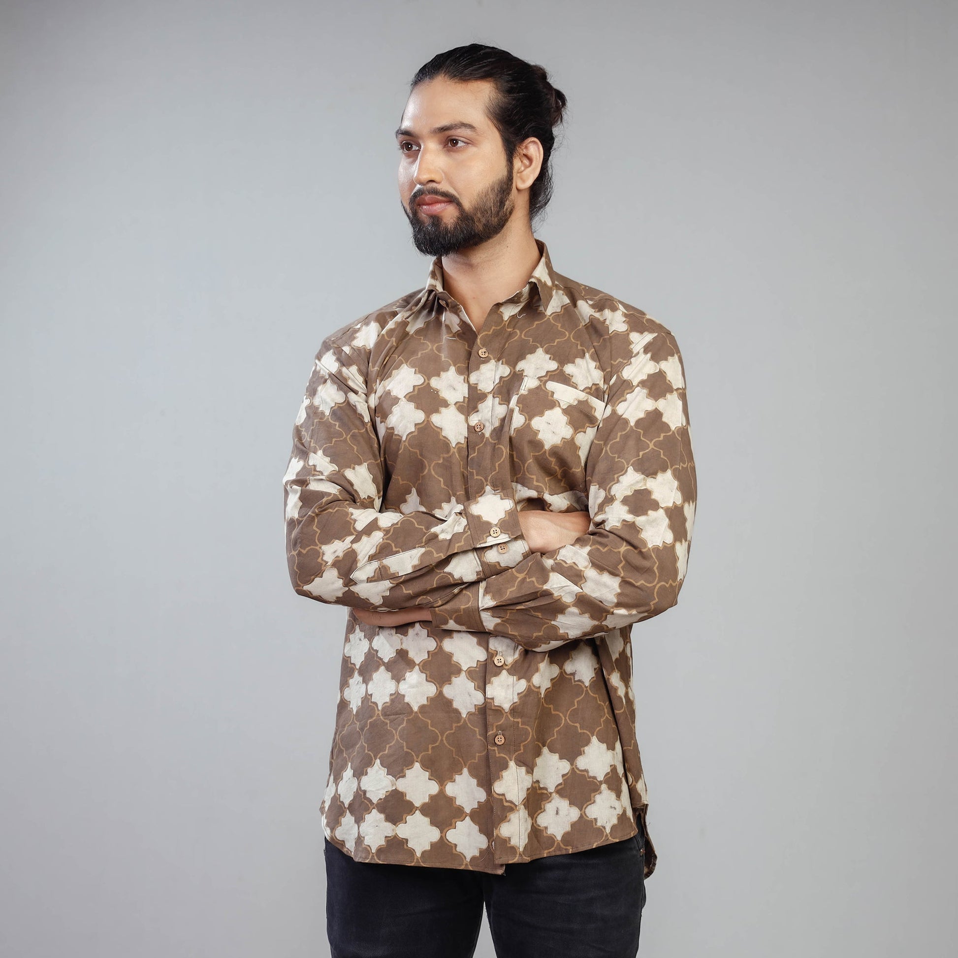 Brown - Akola Block Printing Cotton Men Full Sleeve Shirt