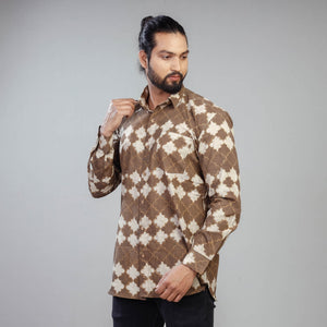 Brown - Akola Block Printing Cotton Men Full Sleeve Shirt